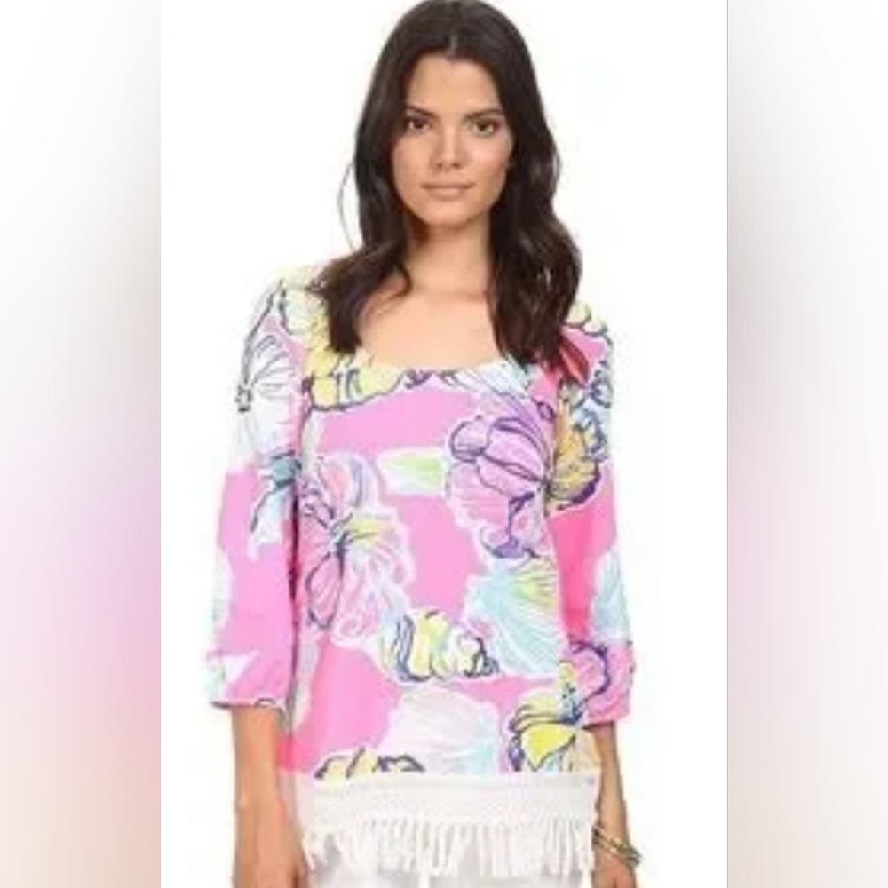Womens Pink Floral Square-Neck Top